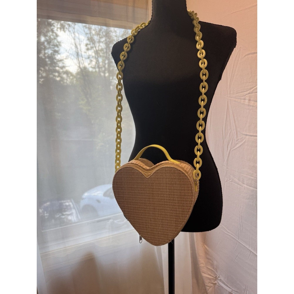 Heart Shaped Basket Crossbody Purse Zip Around Chunky Yellow Melamine Chain - Picture 2 of 16